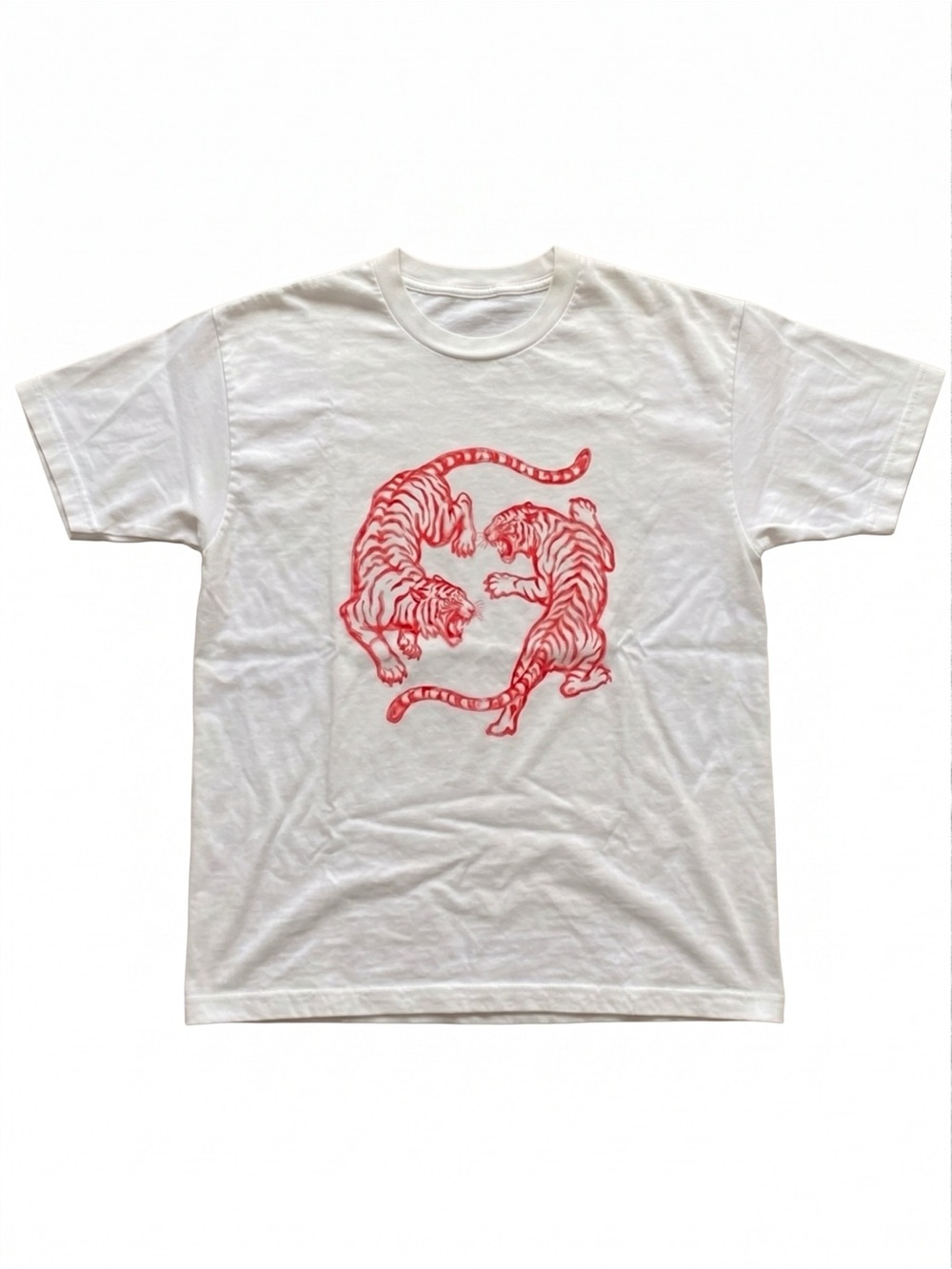 Red Twin Tigers Yin Yang Line Art Tattoo Style White Graphic T-Shirt
